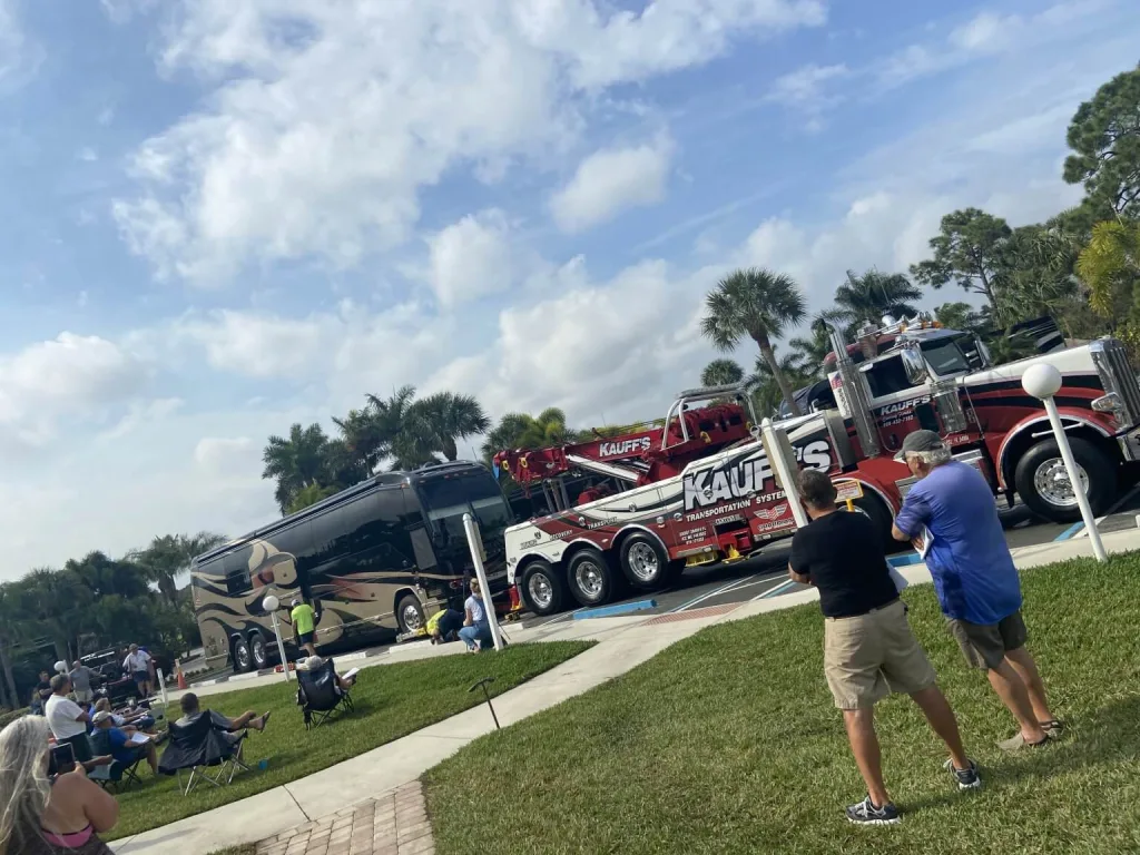 Kauff's Towing heavy duty rotator towing a motor coach