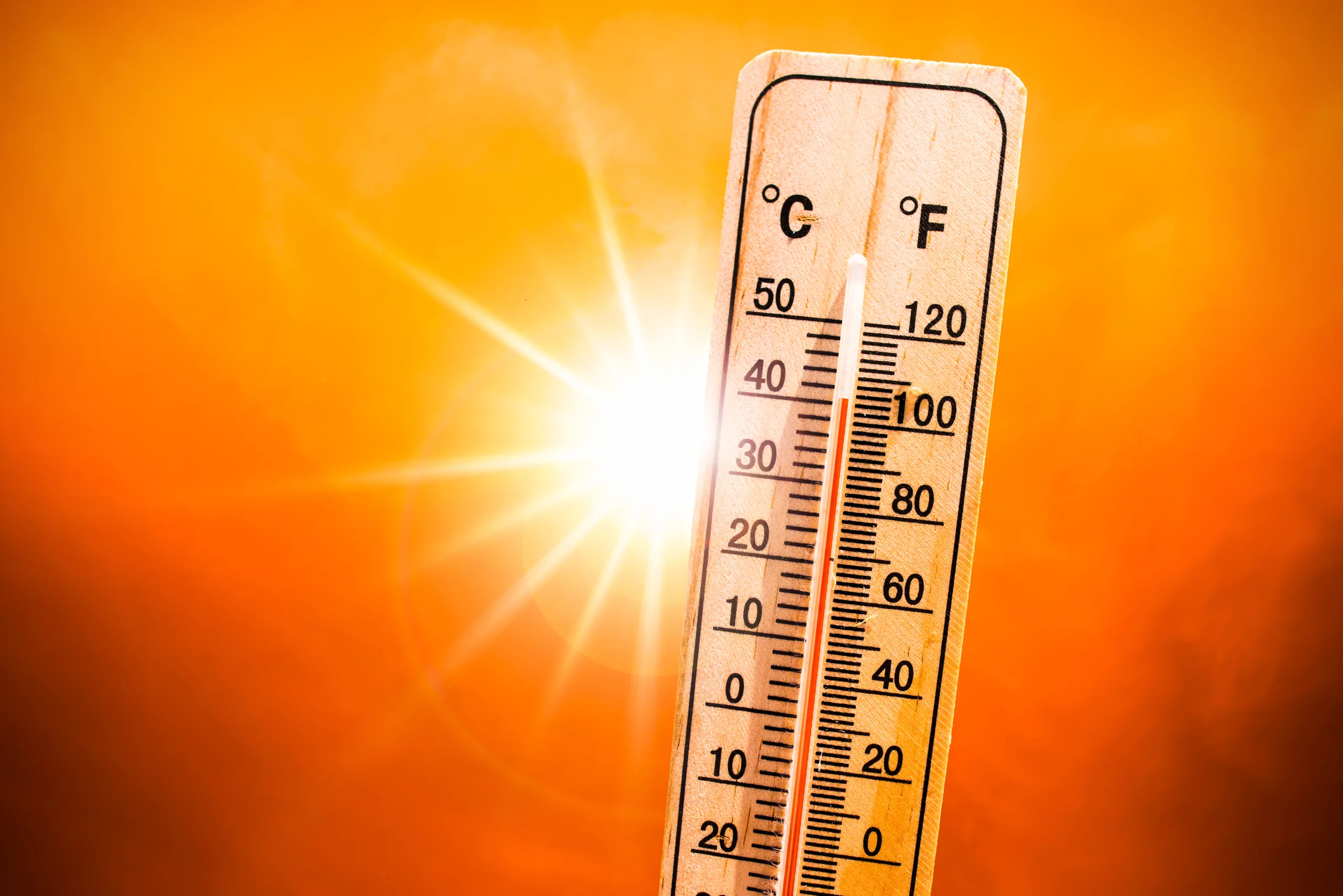 Sun with thermometer showing rising temperature - Heat Stroke Awareness Month