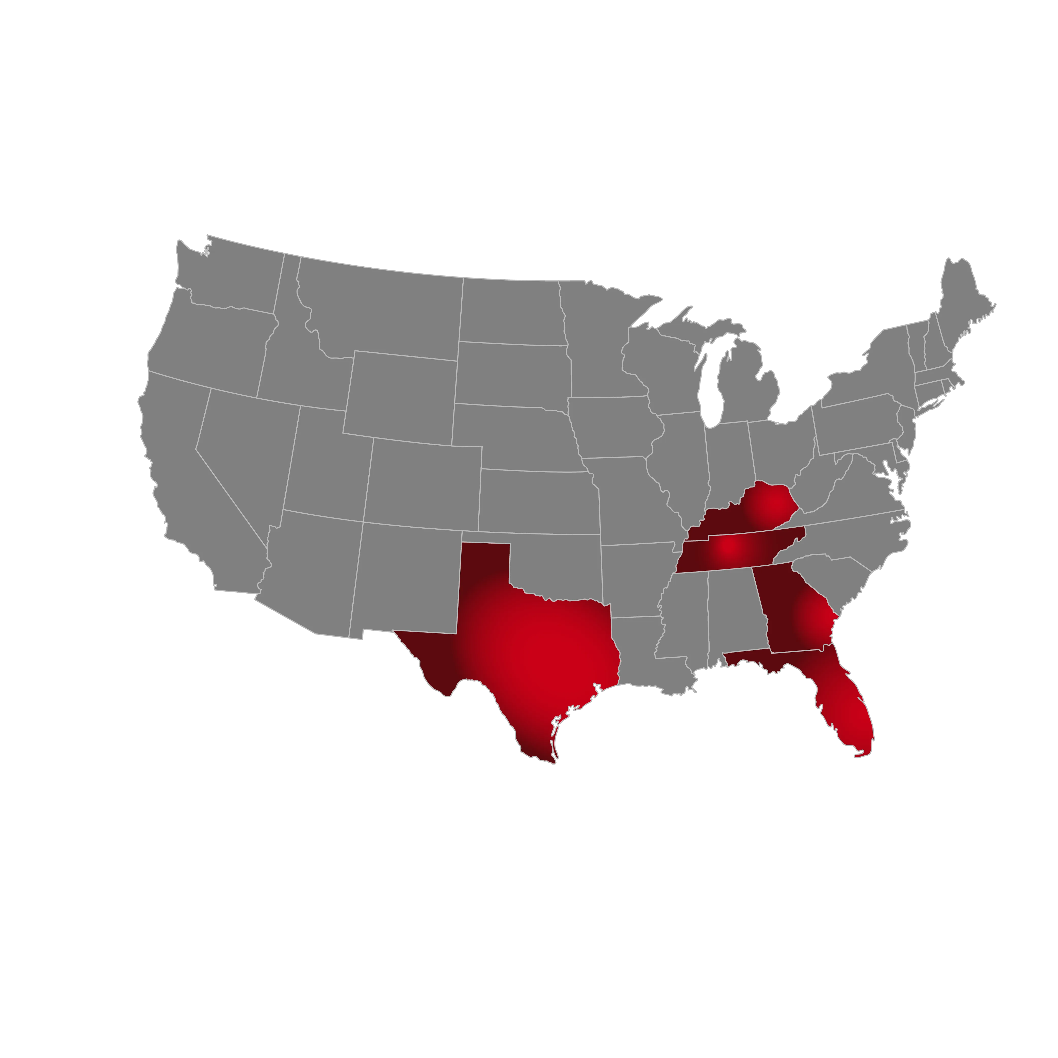 Location-card-map3.25 Guardian Fleet Services location map with terminals providing towing and heavy haul services in Texas, Tennessee, Florida, Georgia, and Kentucky.