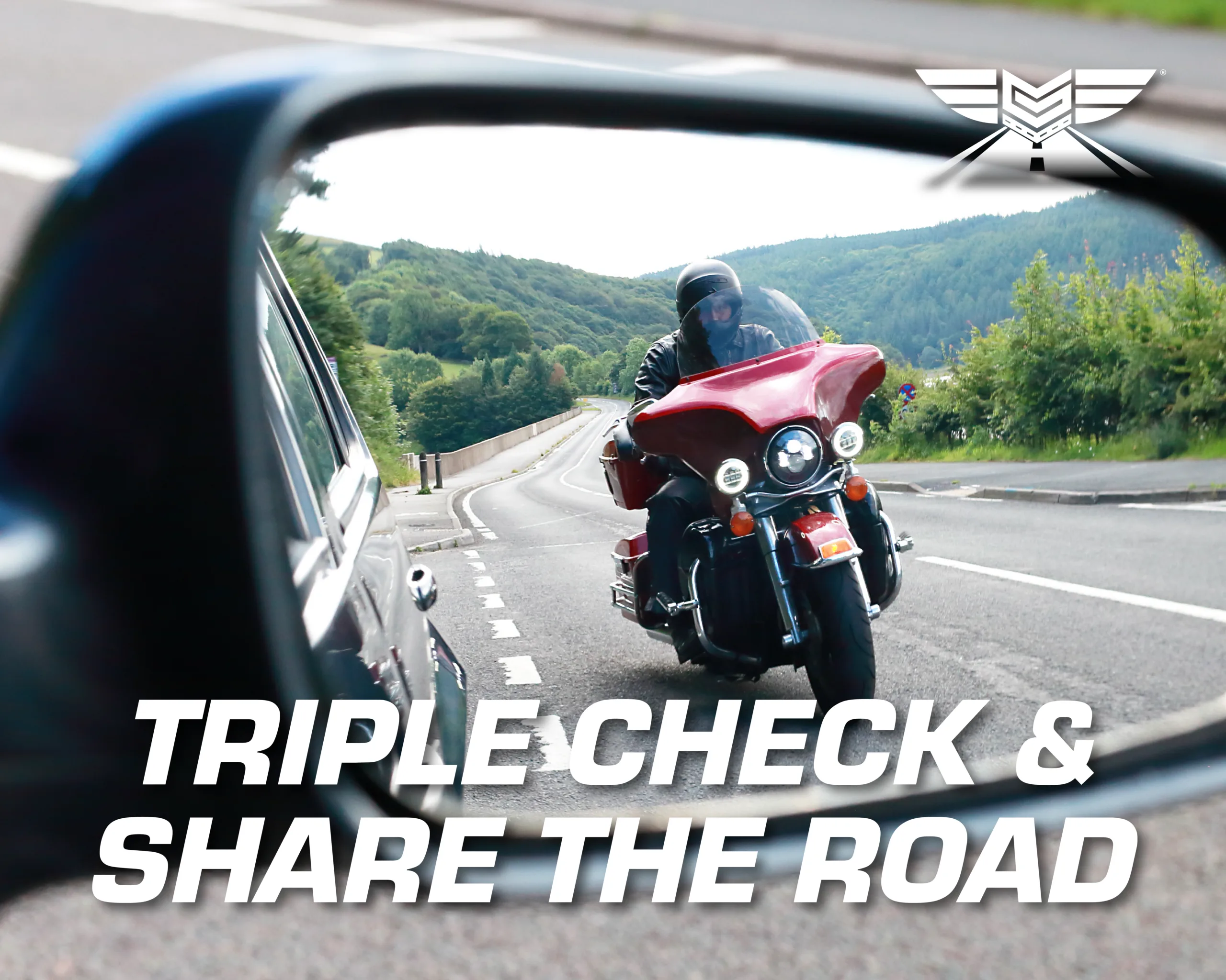 Driver checking mirrors and blind spots three times before changing lanes to look for motorcycles