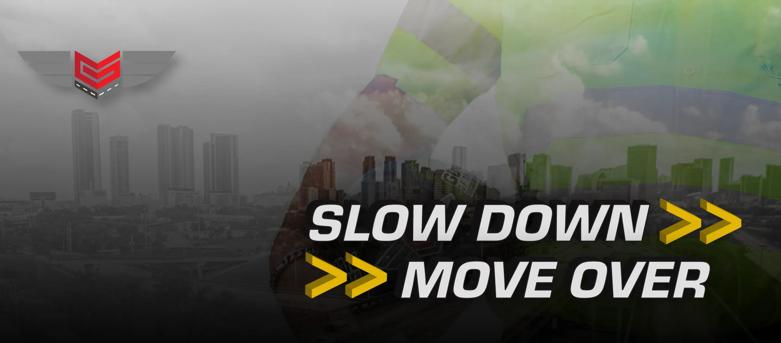 Slow Down, Move Over graphic from Guardian Fleet Services with a city highway skyline for National Move Over Day