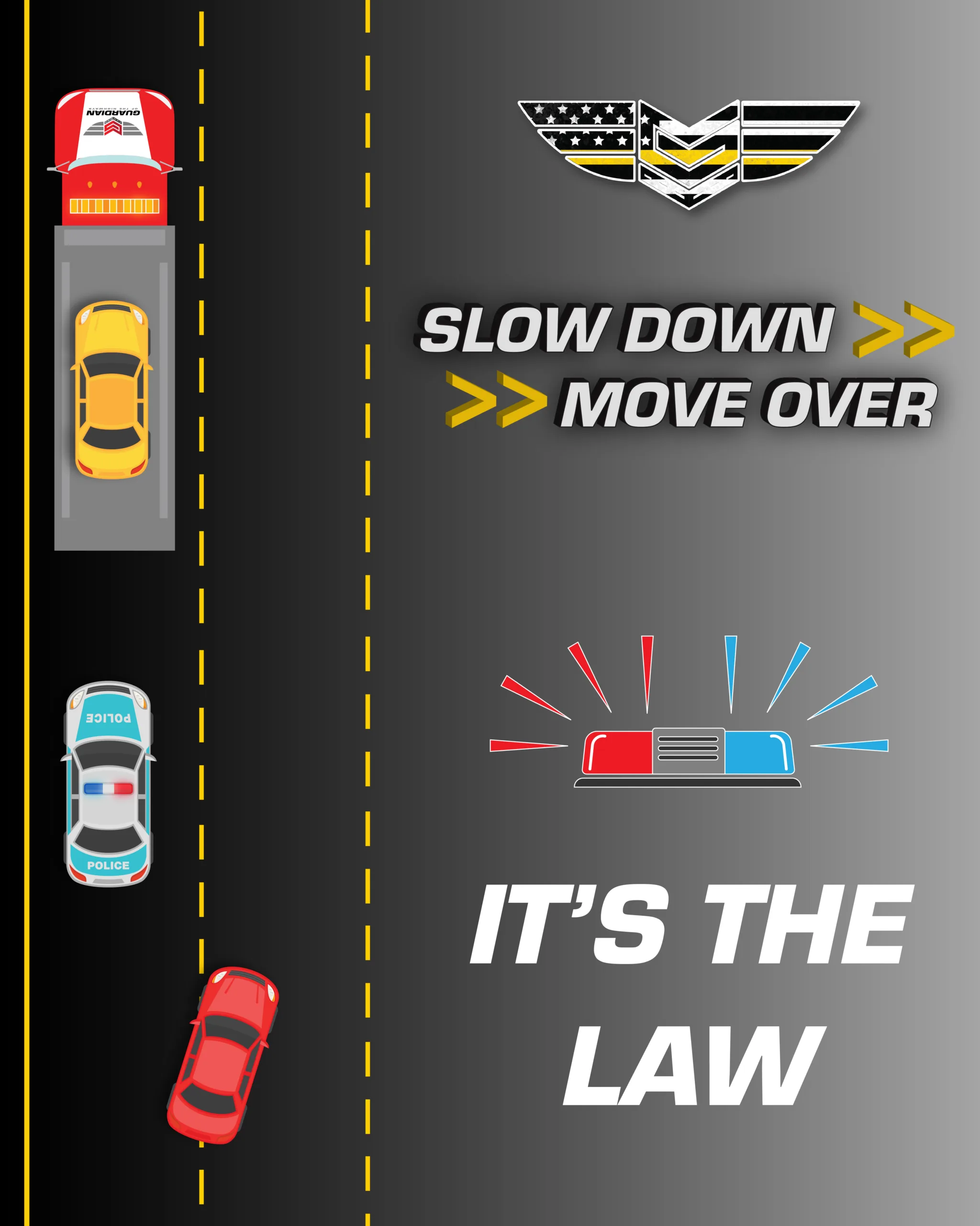 Slow Down, Move Over, It's the Law graphic from Guardian Fleet Services showing traffic moving over a lane to pass a tow truck stopped on the shoulder